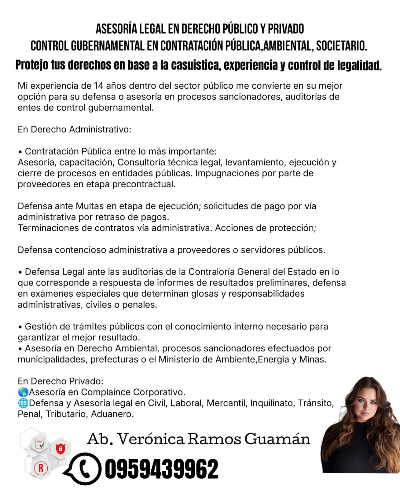 ABOGADO ESPECIALISTA COMPLAINCE CORPORATIVO PUBLICO Y PRIVADO, PRESTA SERVICIO DE DEFENSA LEGAL ANTE PROCESOS DE CONTROL GUBERNAMENTAL EN CONTRATACIÓN PÚBLICA, AMBIENTAL Y SOCIETARIO
